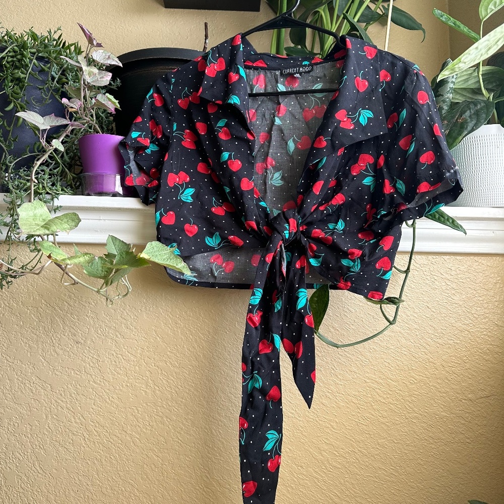 Current Mood Cherry Tie-Front Crop